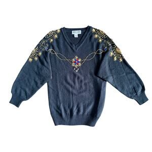 Vintage Western Connection Sequin Sweater Black Gold Sparkle V-Neck Small